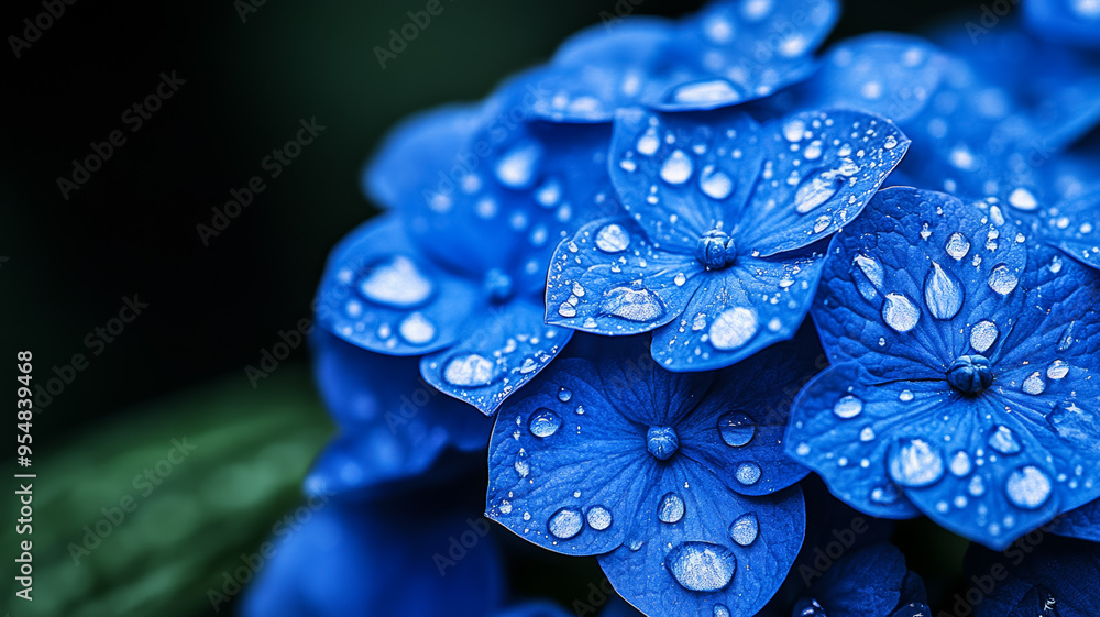 Poster detailed image of raindrops resting on a blue hydrangea petal with a bokeh background