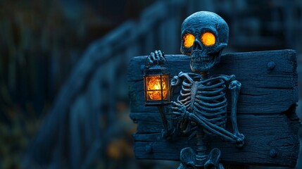 Skeleton holding lighted lantern by wooden sign at night for halloween