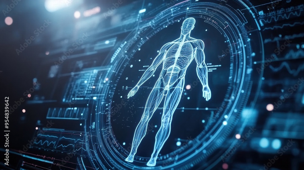 Aufkleber a 3d loop animation of a medical scanner rotating around a human body outline, with layers of anatom