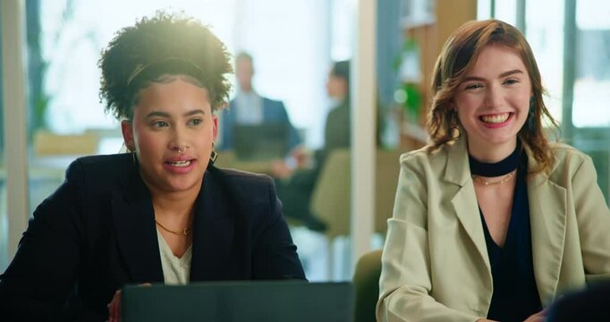 Business people, meeting and interview with candidate for hiring, recruit or introduction at office. Happy, group or employees shaking hands with applicant for job or career opportunity at workplace