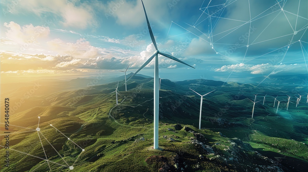 Poster redefining energy for the future. wind turbine. taken from an elevated position. generative ai.