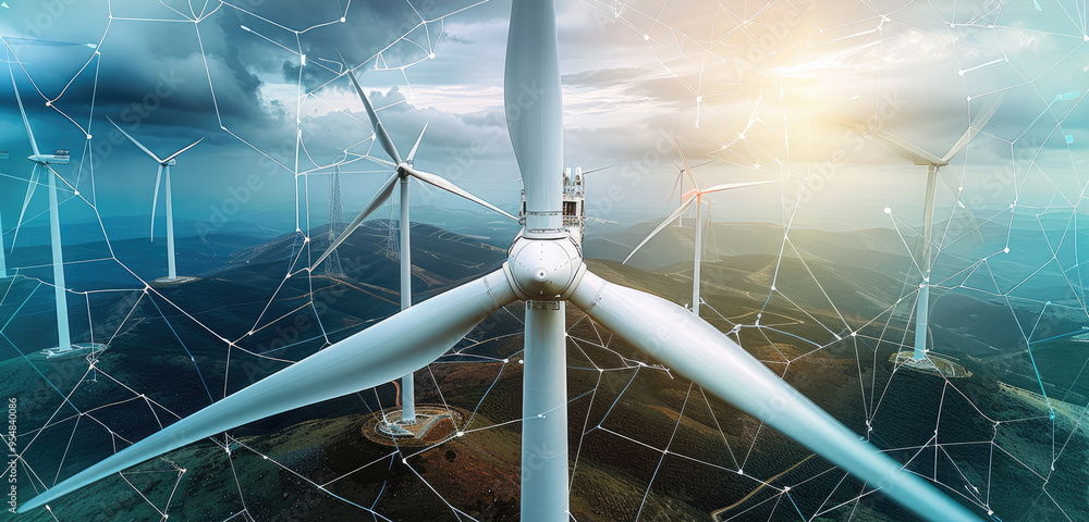 Poster redefining energy for the future. wind turbine. taken from an elevated position. generative ai.