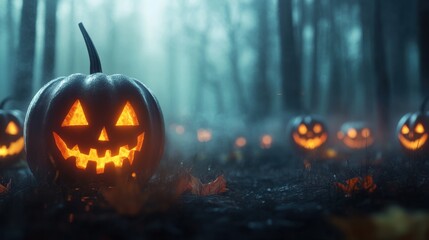 Naklejka premium A 3D rendered animation of glowing jack-o'-lanterns in a misty, dark forest, looping to create a spooky atmosphere for Halloween-themed content