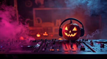 Halloween pumpkin wearing headphones standing on dj deck