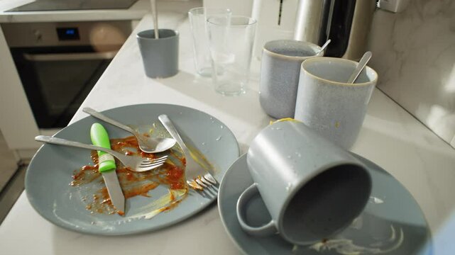 Close-up of dirty plates and cups standing in the kitchen. Dirty dishes. High quality 4k footage
