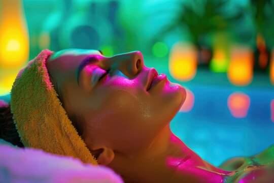 Color Therapy for Wellness: Woman Relaxing in Spa with Chroma Colors