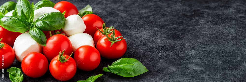 Poster fresh italian tomatoes mozzarella and basil leaves displayed on a dark background with empty space f