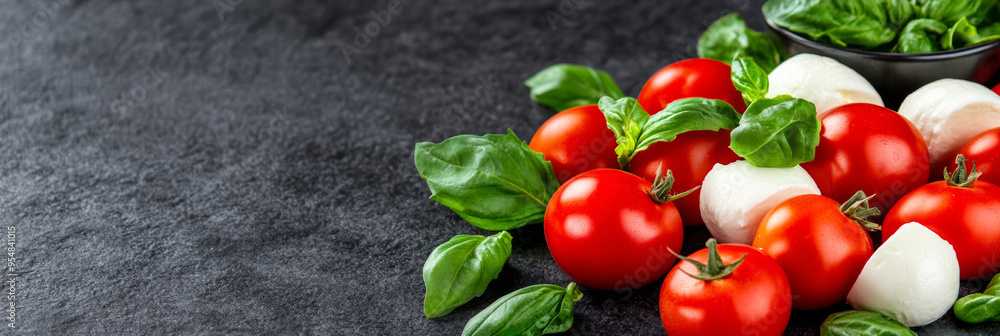 Poster fresh italian tomatoes mozzarella and basil leaves displayed on a dark background with empty space f