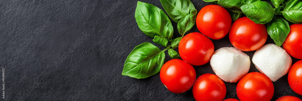 Poster fresh italian tomatoes mozzarella and basil leaves displayed on a dark background with empty space f