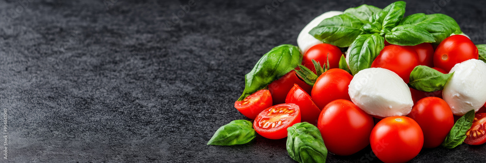 Poster fresh italian tomatoes mozzarella and basil leaves displayed on a dark background with empty space f