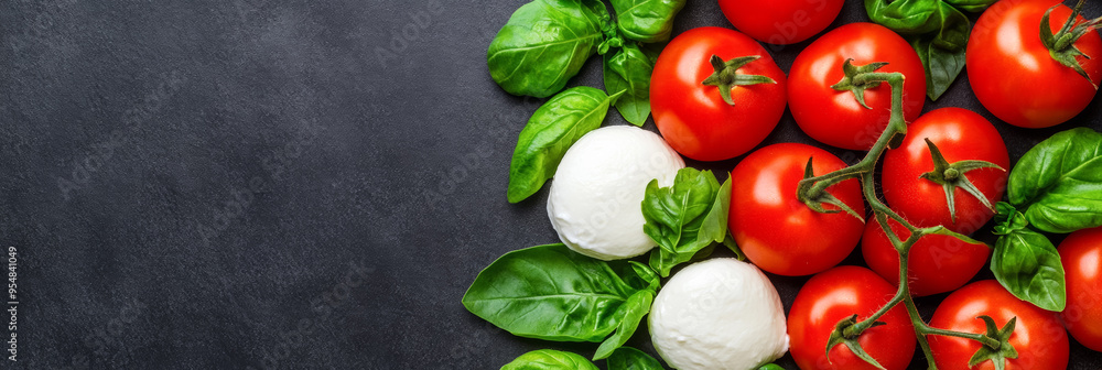 Poster fresh italian tomatoes mozzarella and basil leaves displayed on a dark background with empty space f