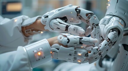 A close-up of a nurse’s hands as they adjust the settings on a robotic assistant in a hospital room. The robot is assisting with patient care tasks, with the background showing a clean,