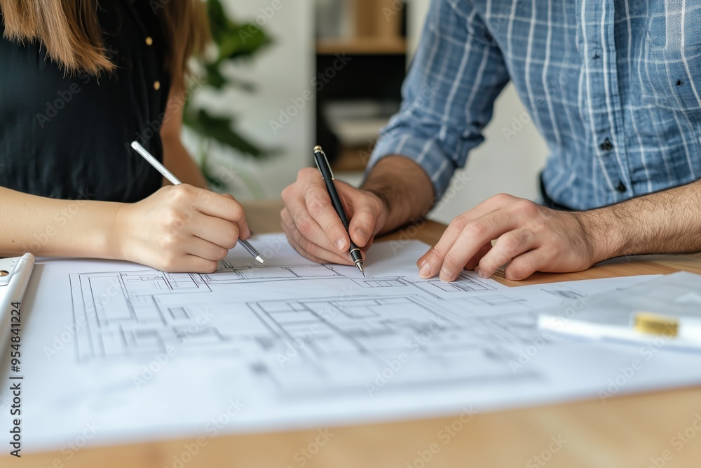Poster collaborative design session in an office with two individuals drafting plans on a large blueprint a