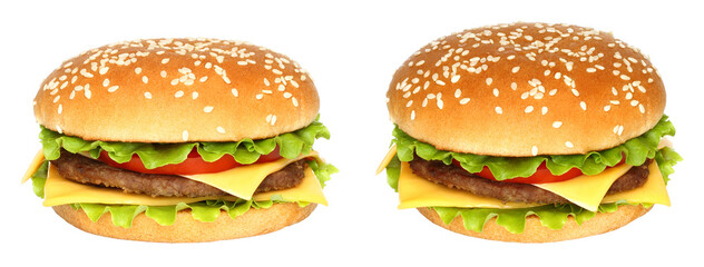 Set of various views and projections of Hamburger, isolated on transparent background, fast food concept