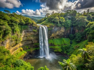 Obraz premium Wailua Falls in the afternoon with a sense of layered depth, using atmospheric perspective to create a sense of distance and scale.