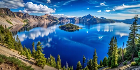 Fototapeta premium Crater Lake, Oregon, USA (One of the most famous volcanic crater lakes, known for its deep blue color and pristine beauty) in the afternoon