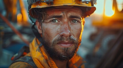 Fototapeta premium A close-up shot of a construction worker's determined face as they operate a robotic exoskeleton to lift heavy materials on a construction site. The exoskeleton is visible in the background,
