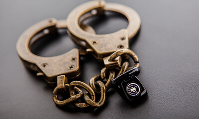 image of phone handcuffs dark background
