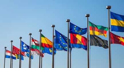wonderful many european flags wave on blue sky background
