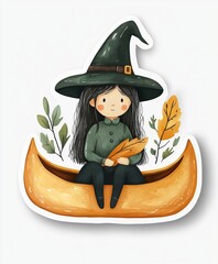 Cute witch on canoe with fallen autumn leaf - Halloween sticker isolated on white background