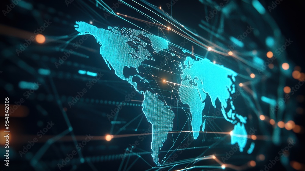 Poster a hyperrealistic 2d animation of a world map with dynamic flight paths and communication lines appea