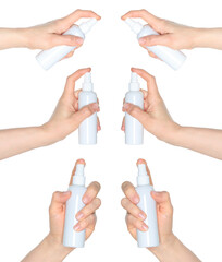Set of Hands which holding the White Cosmetic Spray, isolated on transparent background, template for cosmetics ads