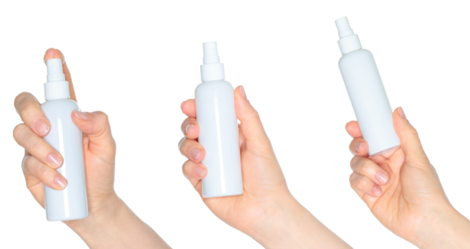 Set of Hands which holding the White Cosmetic Spray, isolated on transparent background, template for cosmetics ads