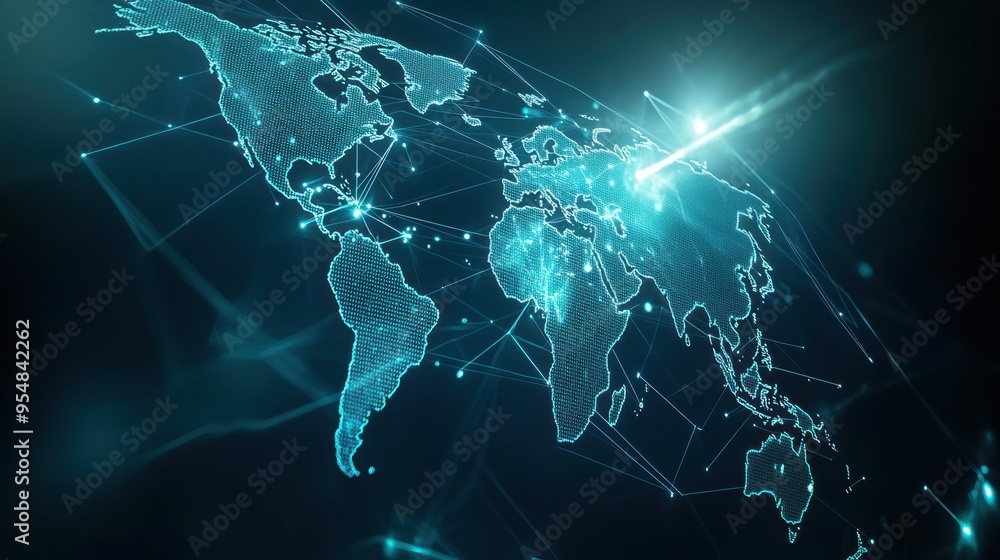 Poster A hyperrealistic 2D animation of a world map with dynamic flight paths and communication lines appearing and disappearing, representing global travel and international networking