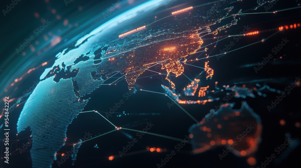 Poster A hyperrealistic 2D animation of a world map with dynamic flight paths and communication lines appearing and disappearing, representing global travel and international networking
