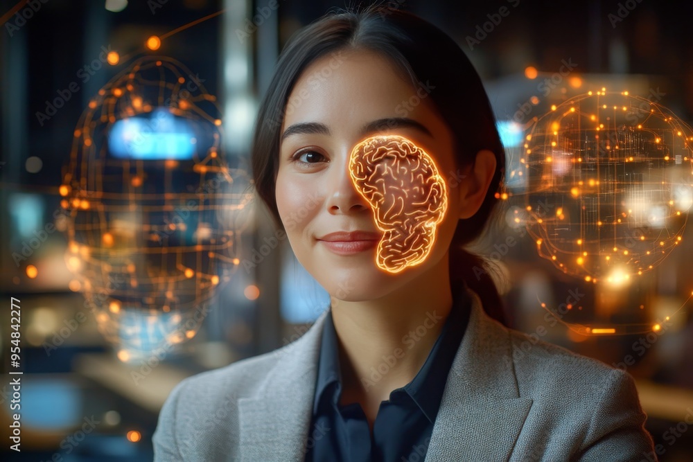 Poster mirror neurons oxytocin release businesswoman with a glowing brain overlay symbolizing the power of 