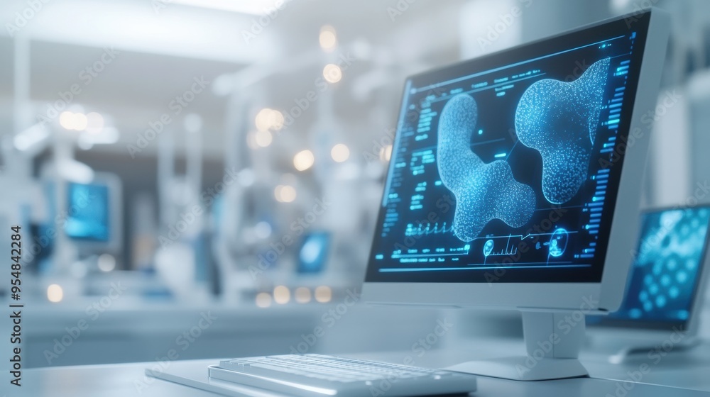 Poster a hyperrealistic 3d animation of a medical laboratory with various equipment and digital screens dis