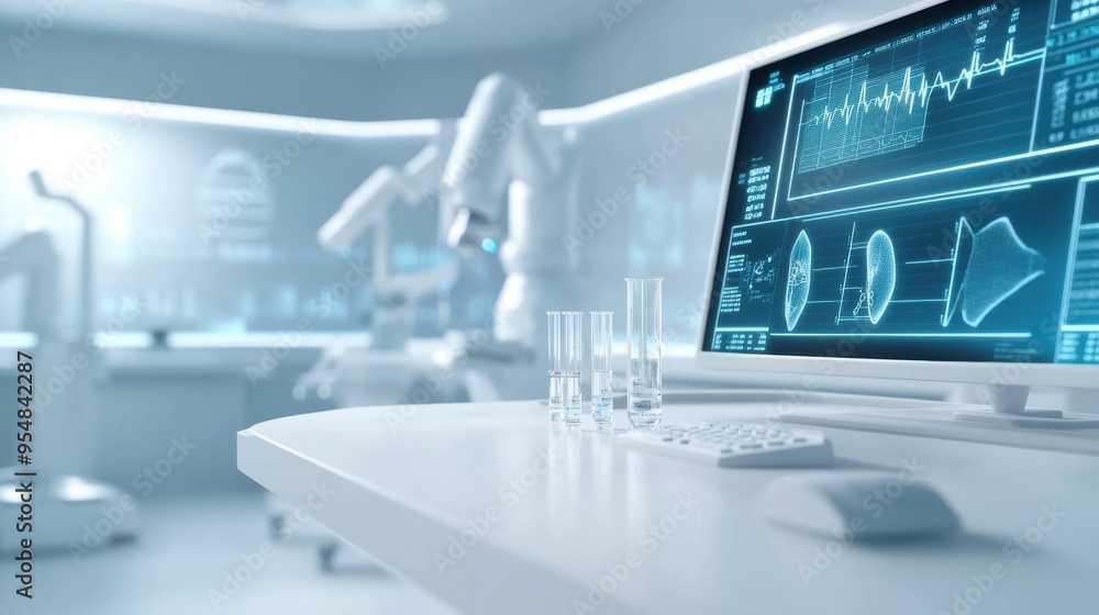 Poster a hyperrealistic 3d animation of a medical laboratory with various equipment and digital screens dis
