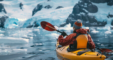 A kayaker paddling through icy waters surrounded by glaciers in a remote, cold landscape. This image represents adventure, exploration, and the thrill of kayaking in extreme conditions.