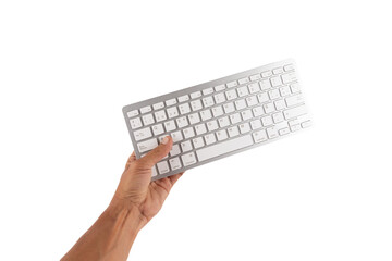 Hand holding a white keyboard isolated cutout no background