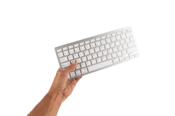 Hand holding a white keyboard isolated cutout no background