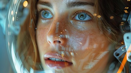 A close-up shot of a store employee’s face as they interact with a customer service robot in a modern retail environment. The employee is focused on assisting the shopper,