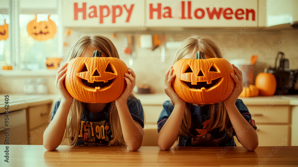 Wall mural Two children holding jack-o'-lanterns in a festive Halloween kitchen