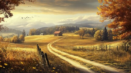 Fototapeta premium Rustic Cabin nestled in a golden autumnal valley with a winding dirt road