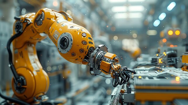 A detailed image of a human engineer and a robotic arm in a factory, assembling a piece of advanced machinery together. The scene captures the synchronization between human and machine,