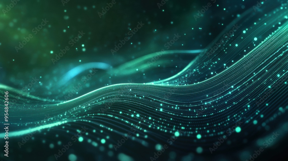 Poster a looping 2d animation of pulsating blue and green waves of light moving rhythmically across the scr