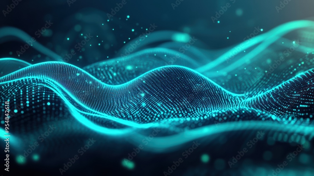 Poster a looping 2d animation of pulsating blue and green waves of light moving rhythmically across the scr