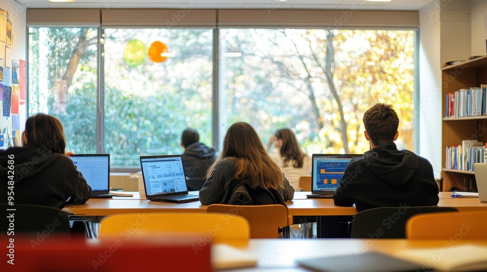 Poster students studying in modern classroom with large windows