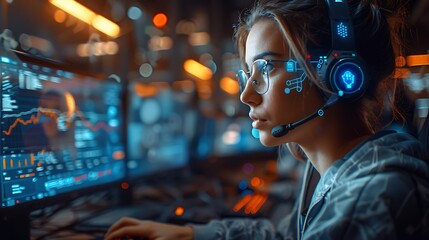 A detailed shot of a customer support representative using a computer with an AI chatbot interface in a call center.
