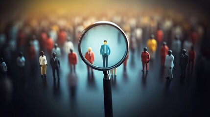 Magnifying glass hovering over and finding the best job candidate, focused selection, professional search