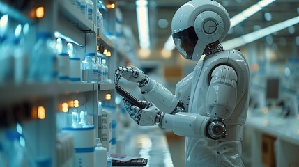Fototapeta premium A detailed shot of a scientist using a tablet to control a robotic arm in a modern laboratory. The robotic arm is delicately manipulating lab samples, with the background featuring a clean,