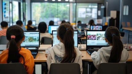 Fototapeta premium Classroom Full of Students Working on Laptops