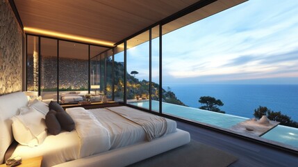 Fototapeta premium A luxury bedroom suite with floor-to-ceiling windows and breathtaking ocean views