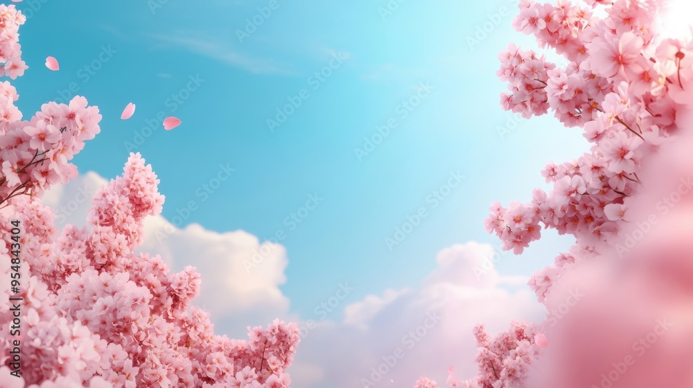 Poster a 3d loop animation of gently swaying cherry blossom trees under a bright spring sky, evoking the fr