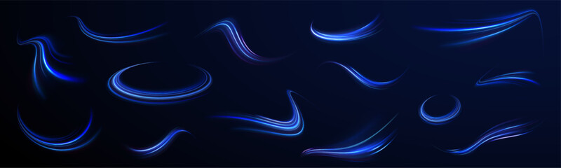 Blue glowing shiny lines effect vector background. Luminous white lines of speed. Light glowing effect. Light trail wave, fire path trace line and incandescence curve twirl.