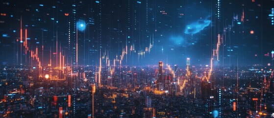 Fototapeta premium A glowing cityscape with financial symbols and investment trends in the night sky